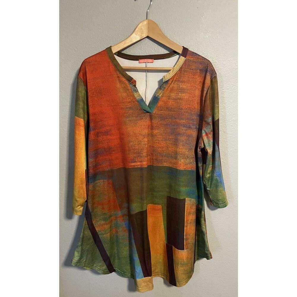 Simply Aster By Firmiana Womens Tunic 1X Colorful Abstract Stretch V Neck Artsy